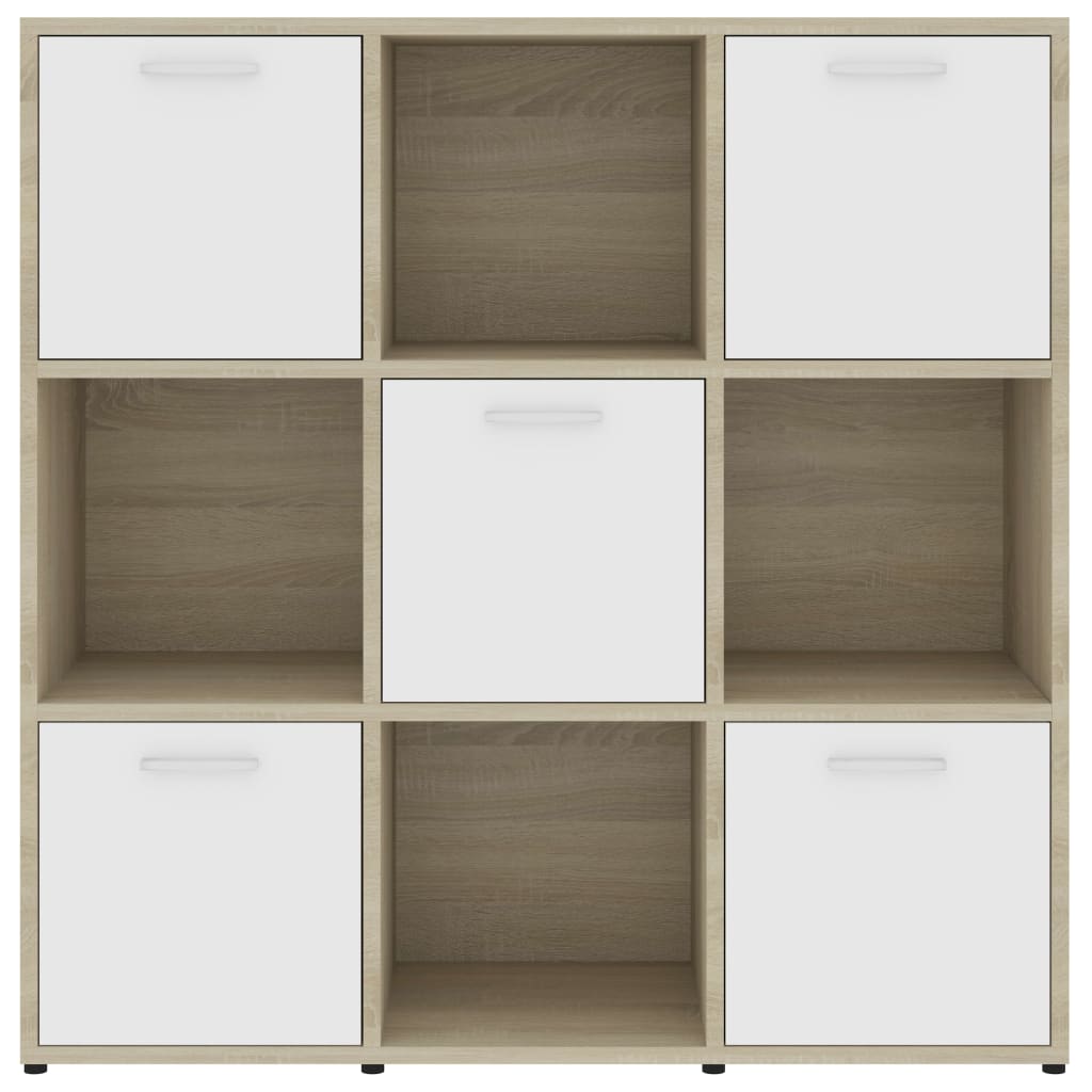 vidaXL Шкаф библиотека, бяло и дъб сонома, 90x30x90 см, ПДЧ