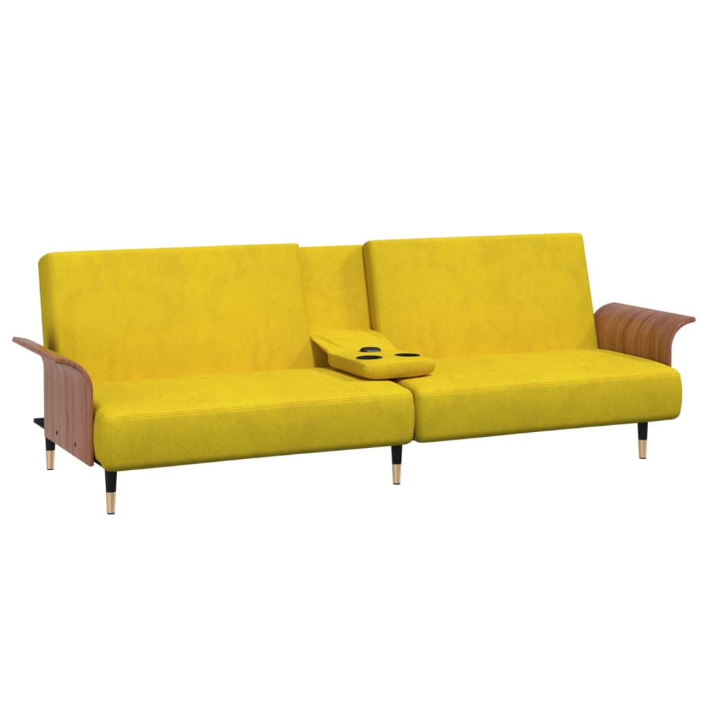vidaXL Разтегателен диван с поставки за чаши, жълт, кадифе