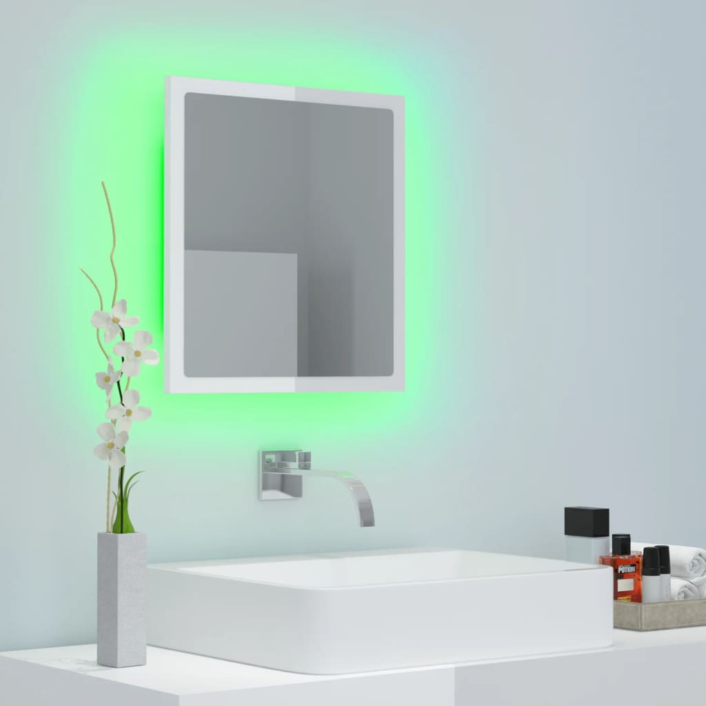 vidaXL LED огледало за баня, бял гланц, 40x8,5x37 см, акрил
