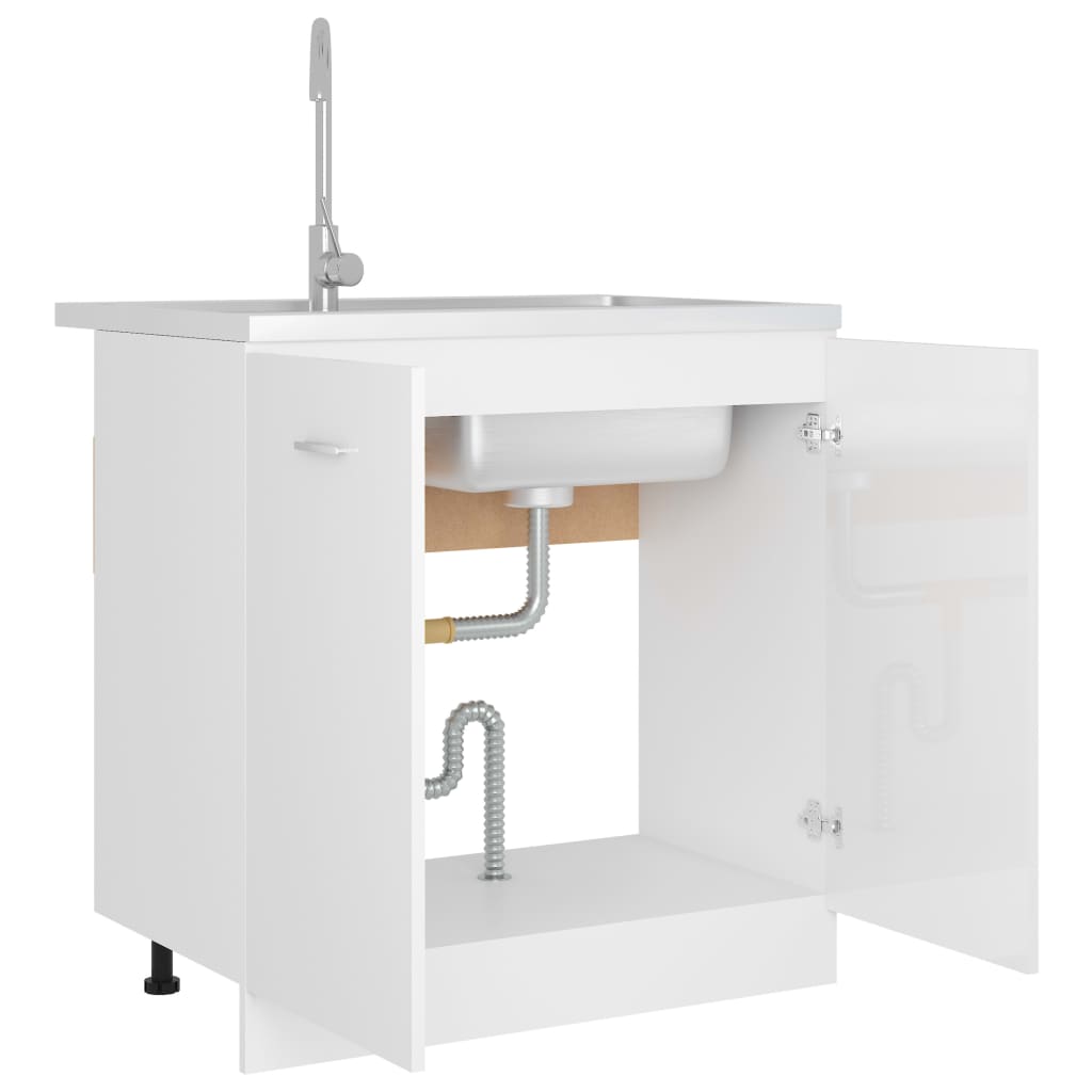 vidaXL Долен шкаф за мивка, бял гланц, 80x46x81,5 см, ПДЧ