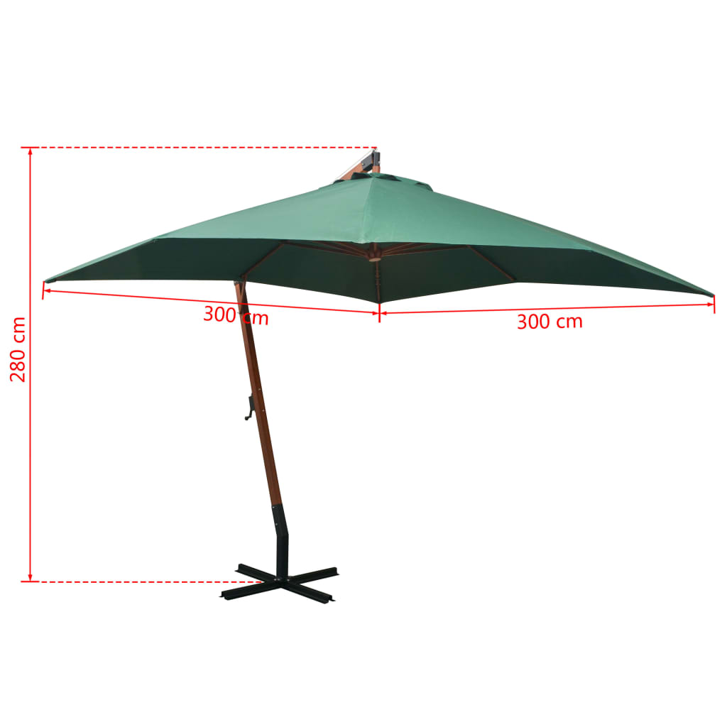 vidaXL Висящ чадър за слънце, 300x300 см, дървен прът, зелен
