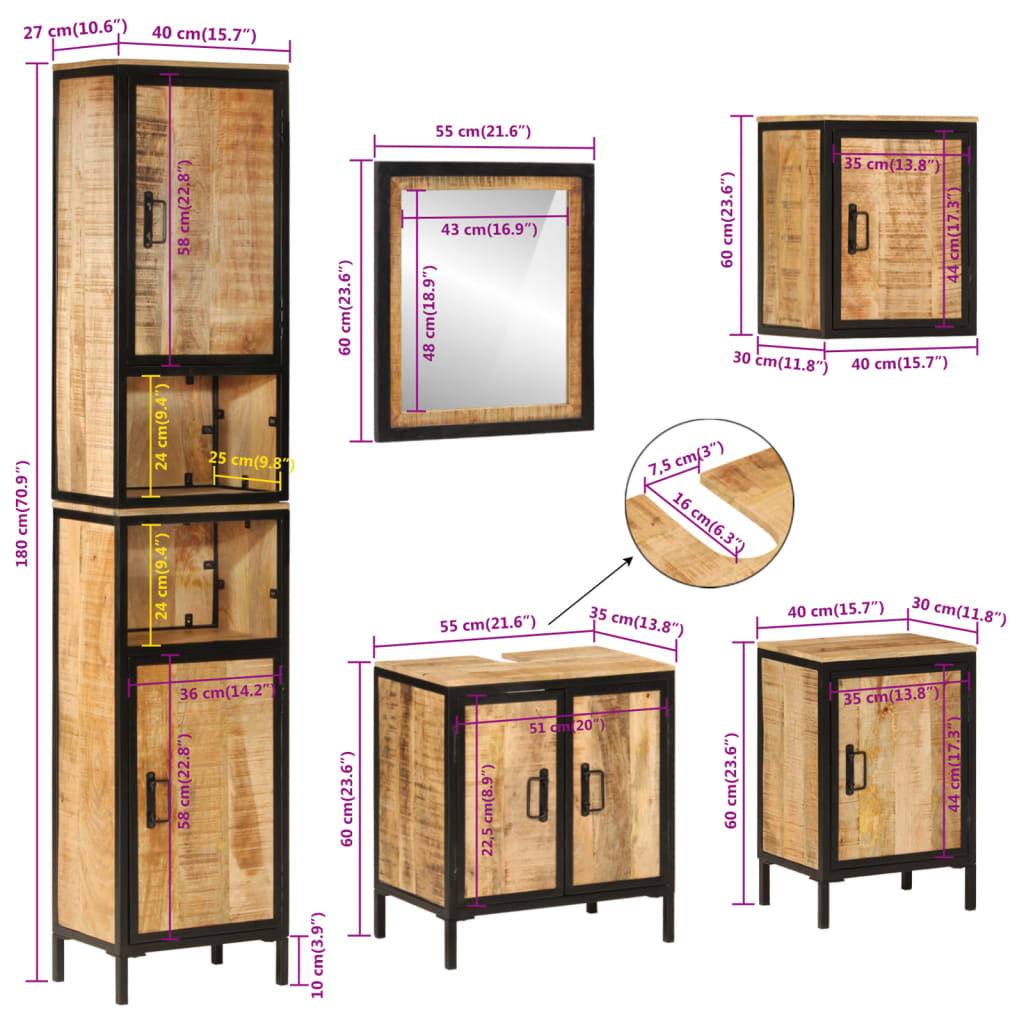 vidaXL Комплект мебели за баня, 5 части, желязо и масивно манго