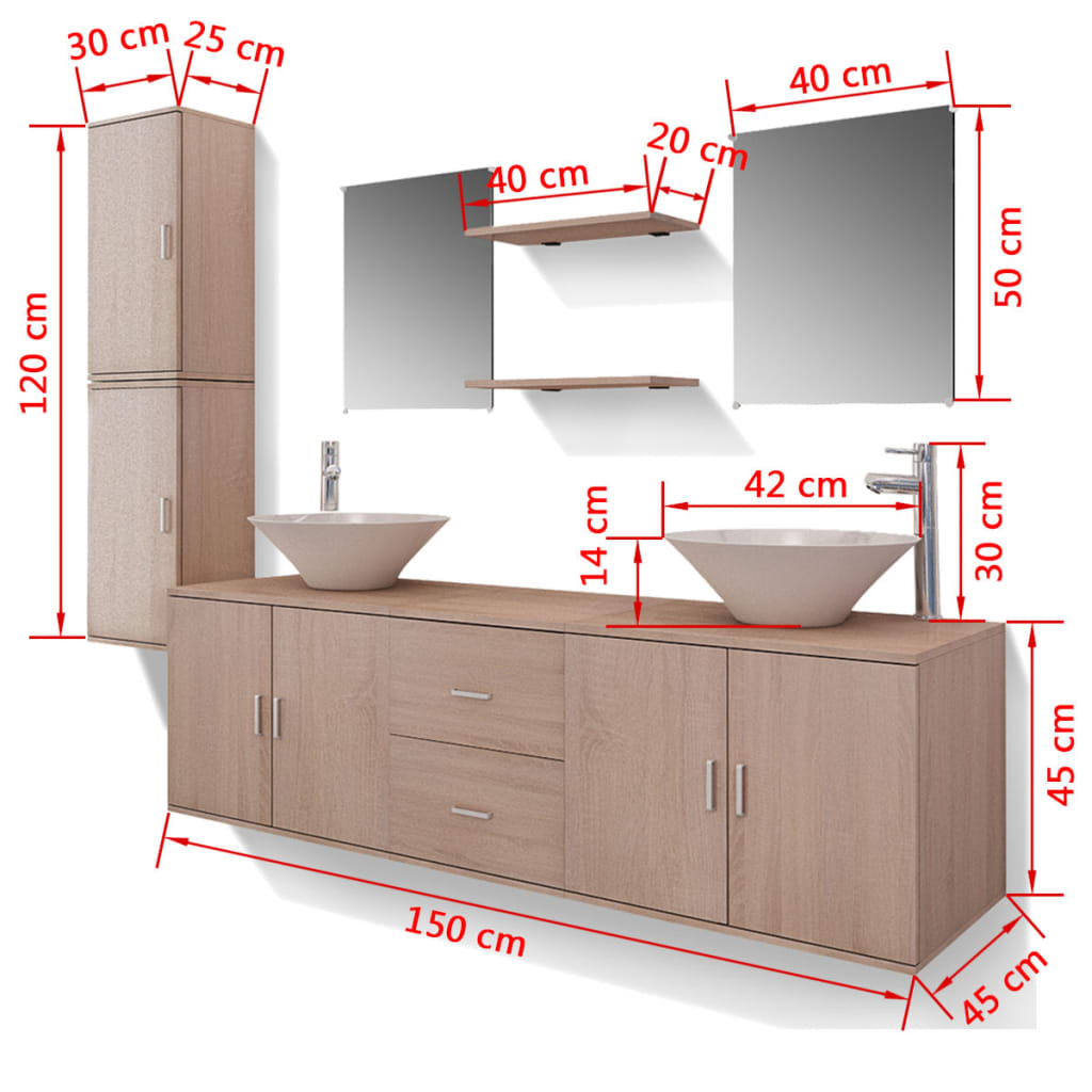 vidaXL комплект мебели от 11 части и мивка за баня, бежов цвят