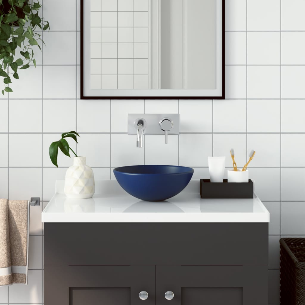 vidaXL Керамична мивка за баня, тъмносиня, кръгла