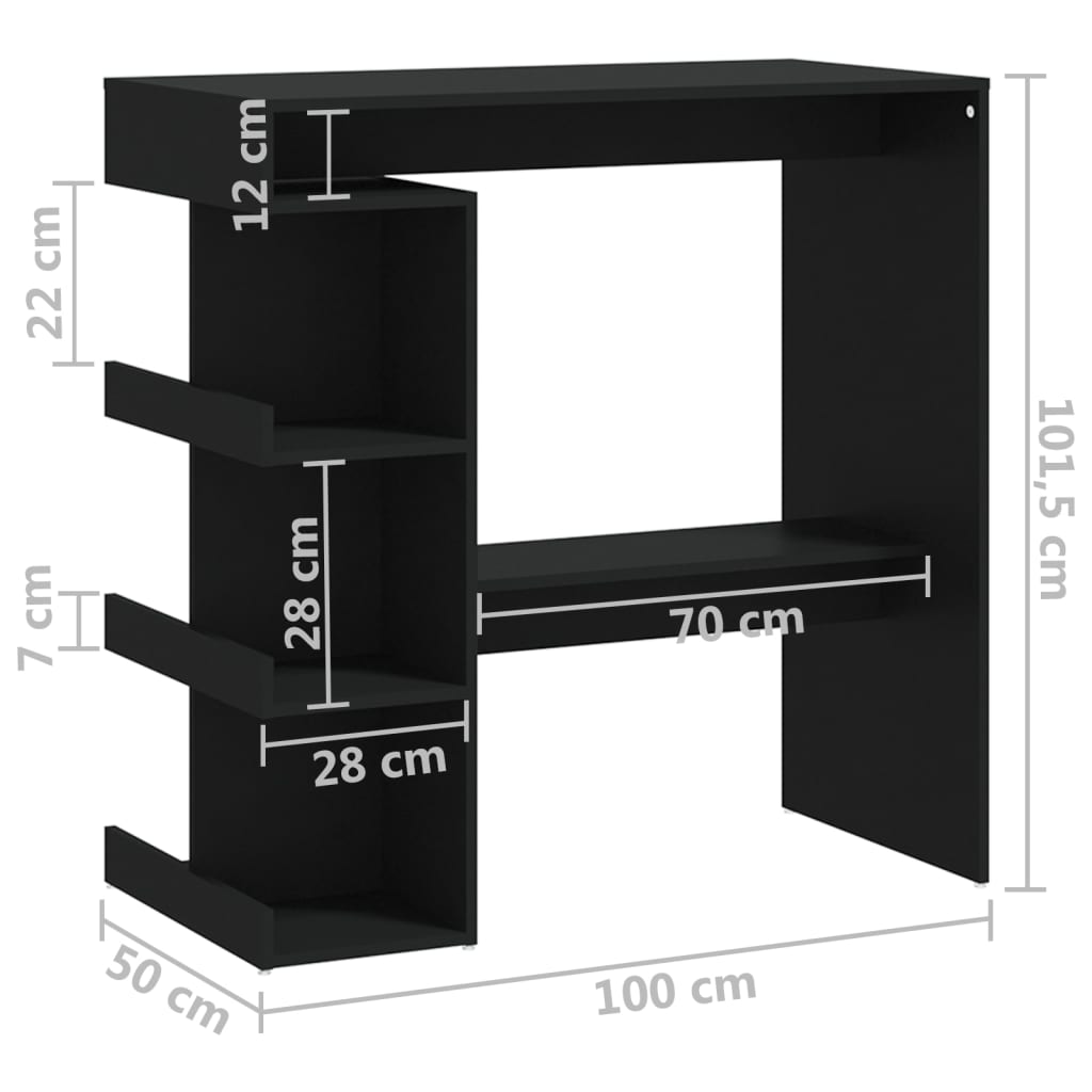 vidaXL Бар маса с шкаф за съхранение, черна, 100x50x101,5 см, ПДЧ