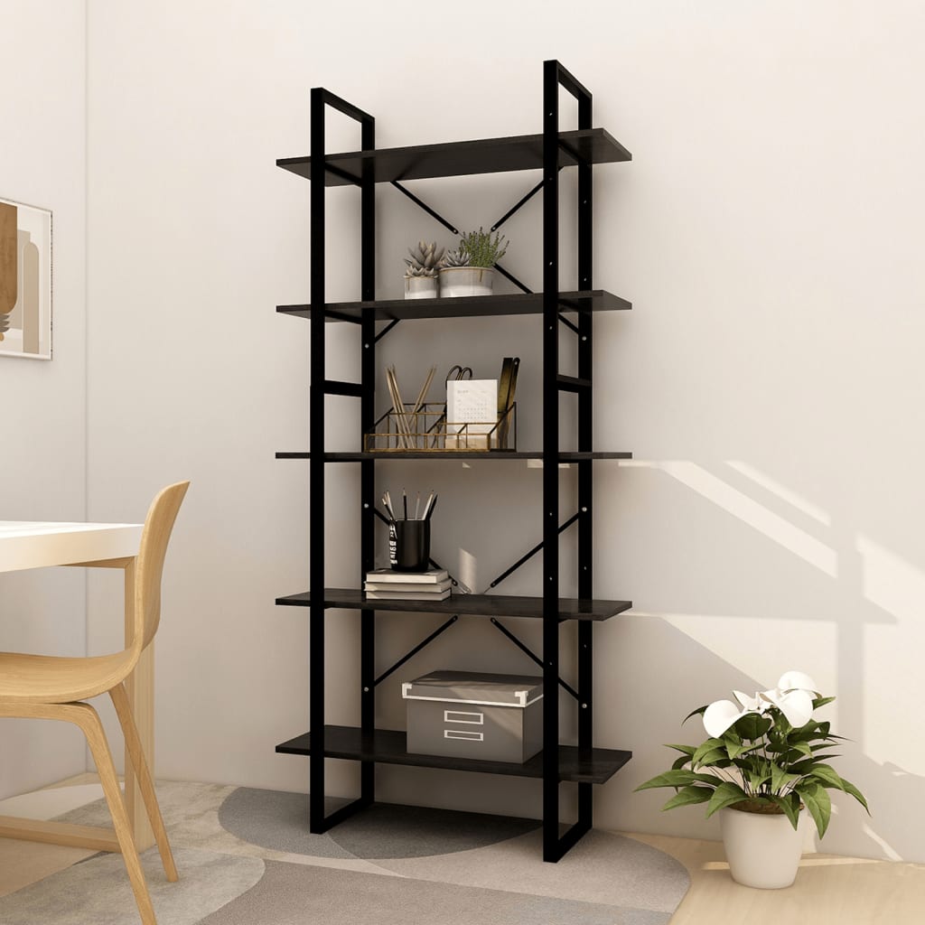 vidaXL 5-етажен шкаф библиотека, черен, 80x30x175 см, ПДЧ
