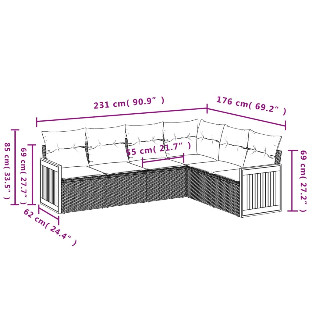 vidaXL Градински диван с възглавници, 6 части, бежов полиратан