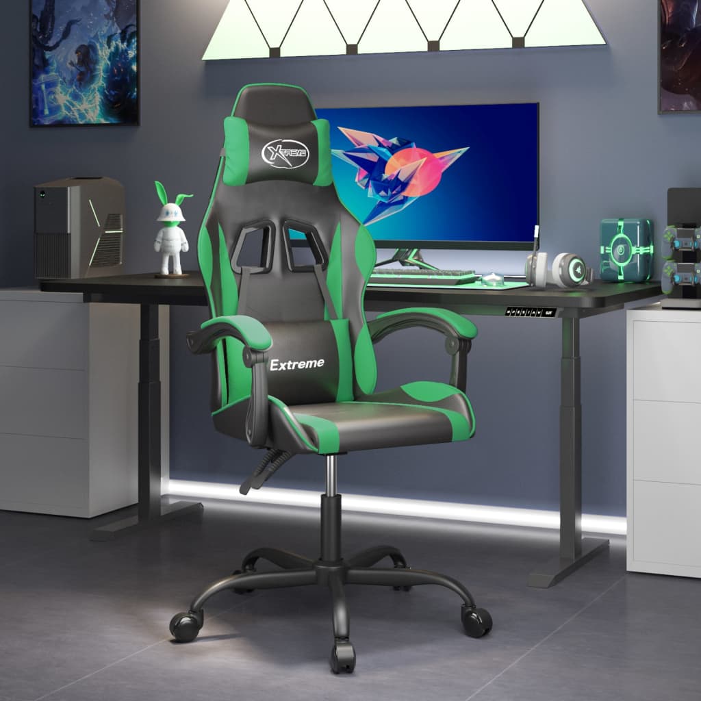 vidaXL Въртящ гейминг стол, черно и зелено, изкуствена кожа