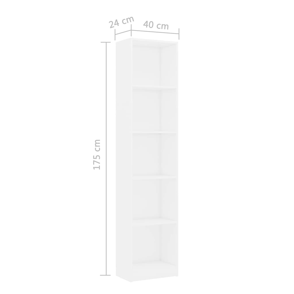 vidaXL 5-етажна библиотека, бяла, 40x24x175 см, ПДЧ