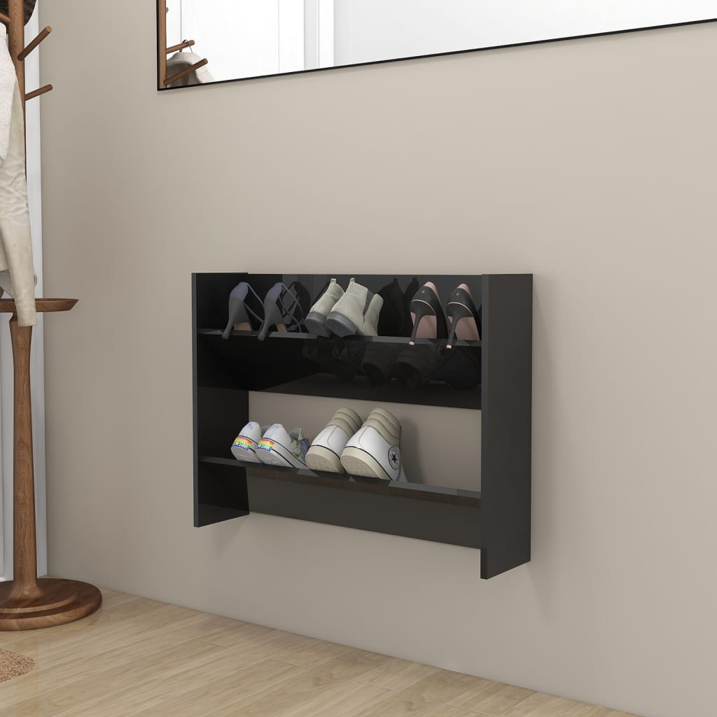 vidaXL Стенен шкаф за обувки, черен гланц, 80x18x60 см, ПДЧ