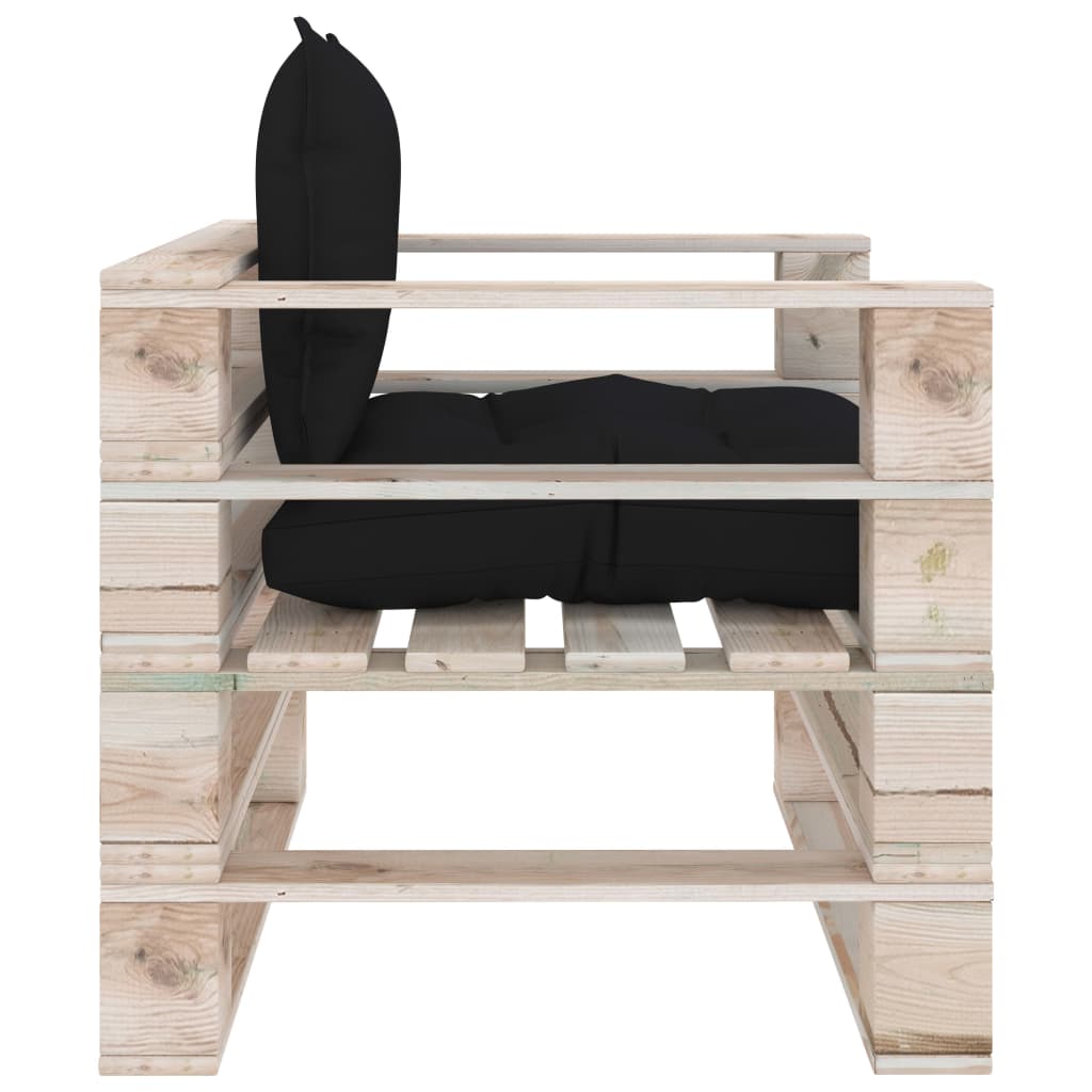 vidaXL Градински палетен фотьойл с черни възглавници, борово дърво