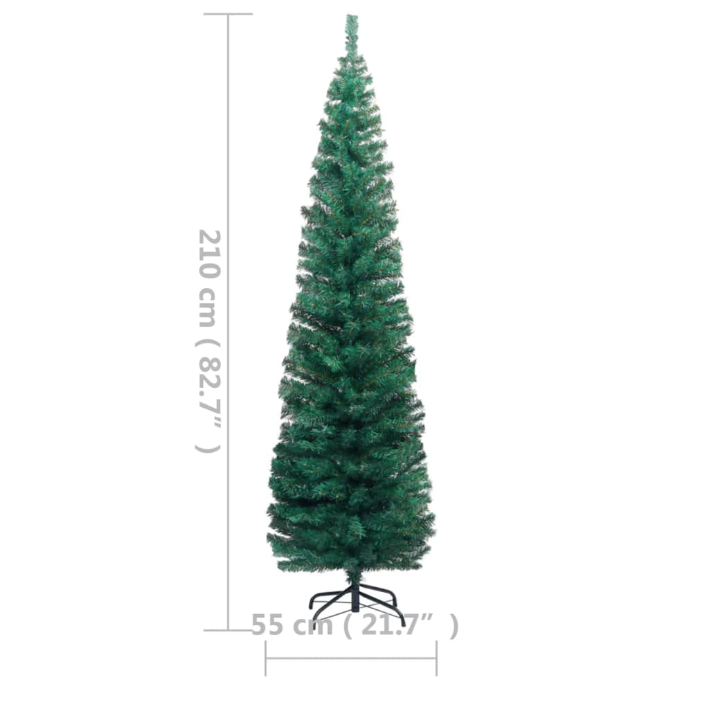 vidaXL Слим изкуствена светеща елха със стойка зелена 210 см PVC