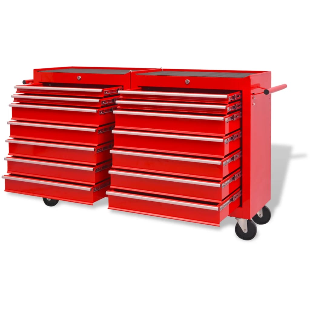 vidaXL Стоманена количка за инструменти с 14 чекмеджета, XXL, червена