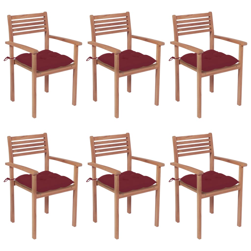 vidaXL Стифиращи градински столове с възглавници, 6 бр, тик масив