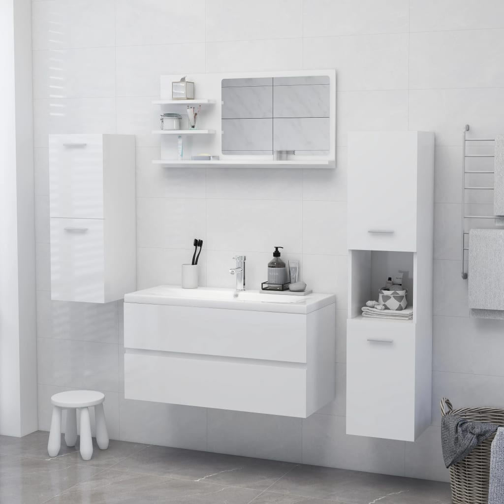 vidaXL Огледало за баня, бял гланц, 90x10,5x45 см, ПДЧ