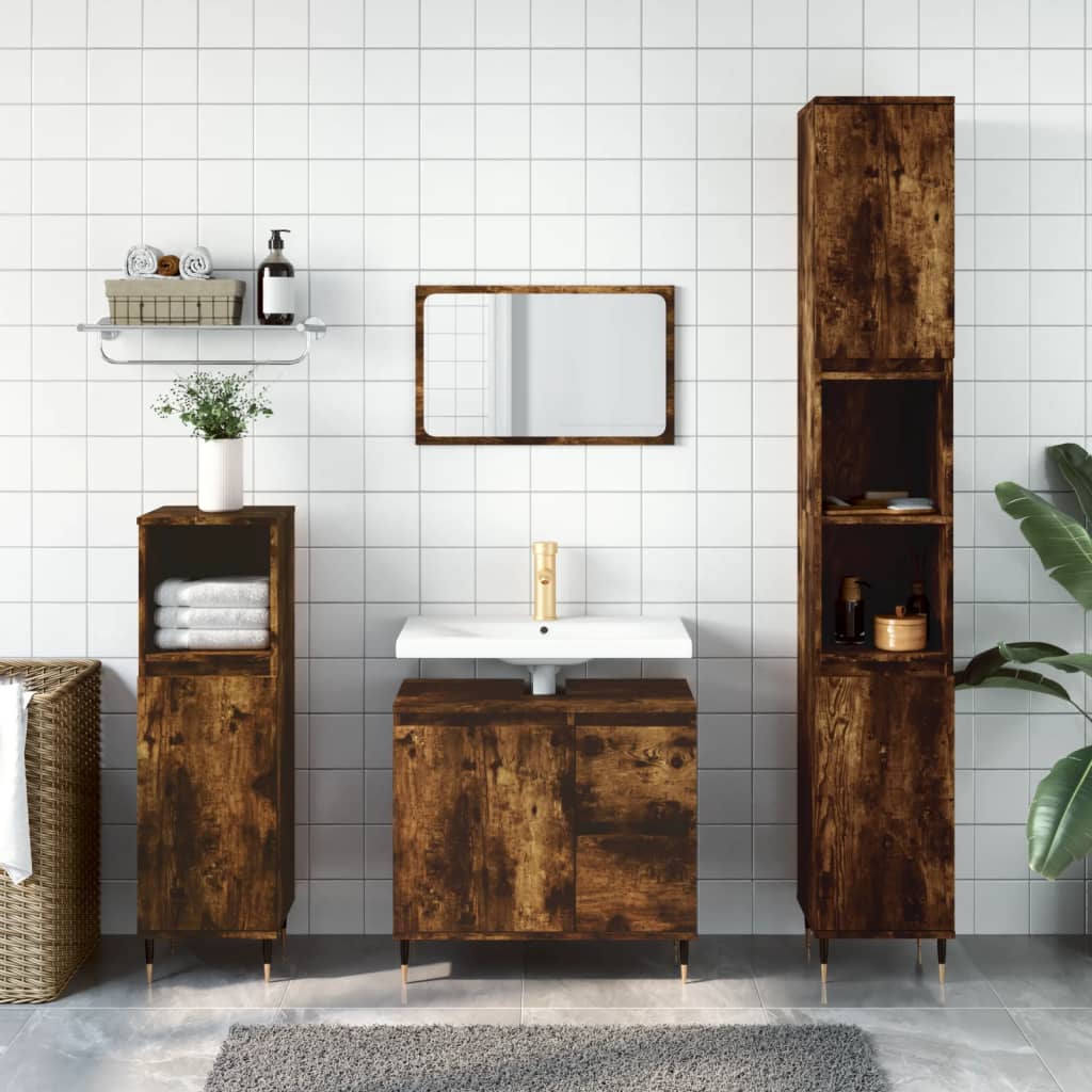 vidaXL Комплект мебели за баня от 3 части, опушен дъб, инженерно дърво