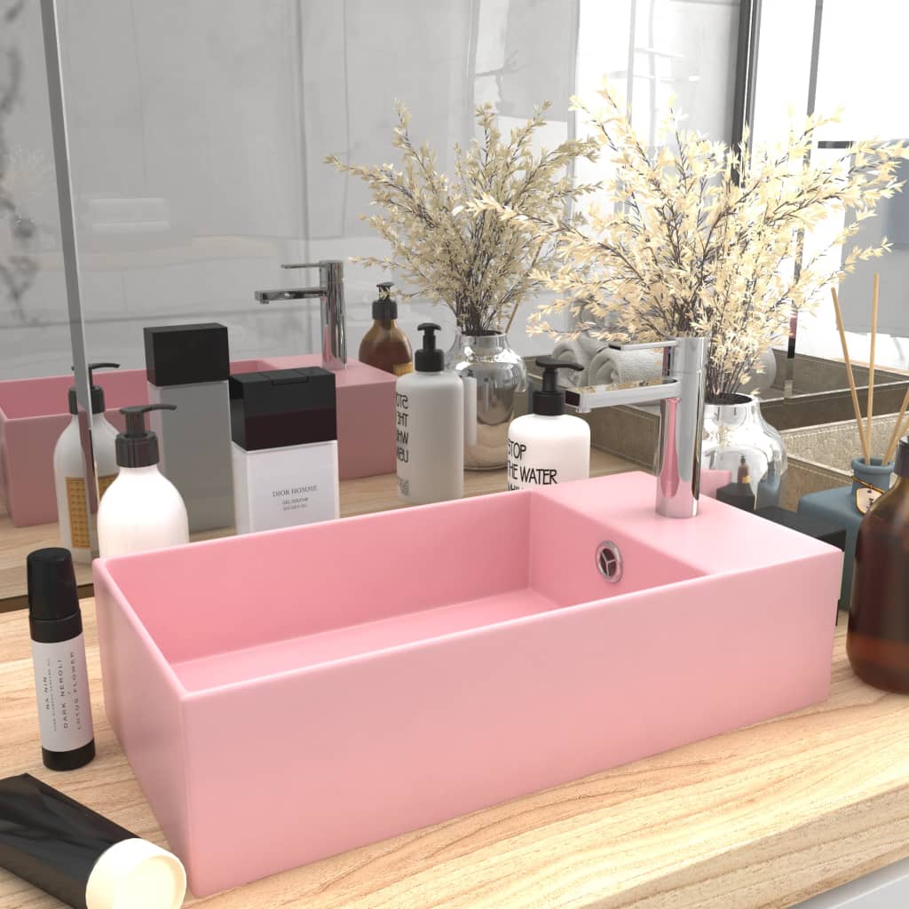 vidaXL Мивка за баня с преливник, керамична, матово розова