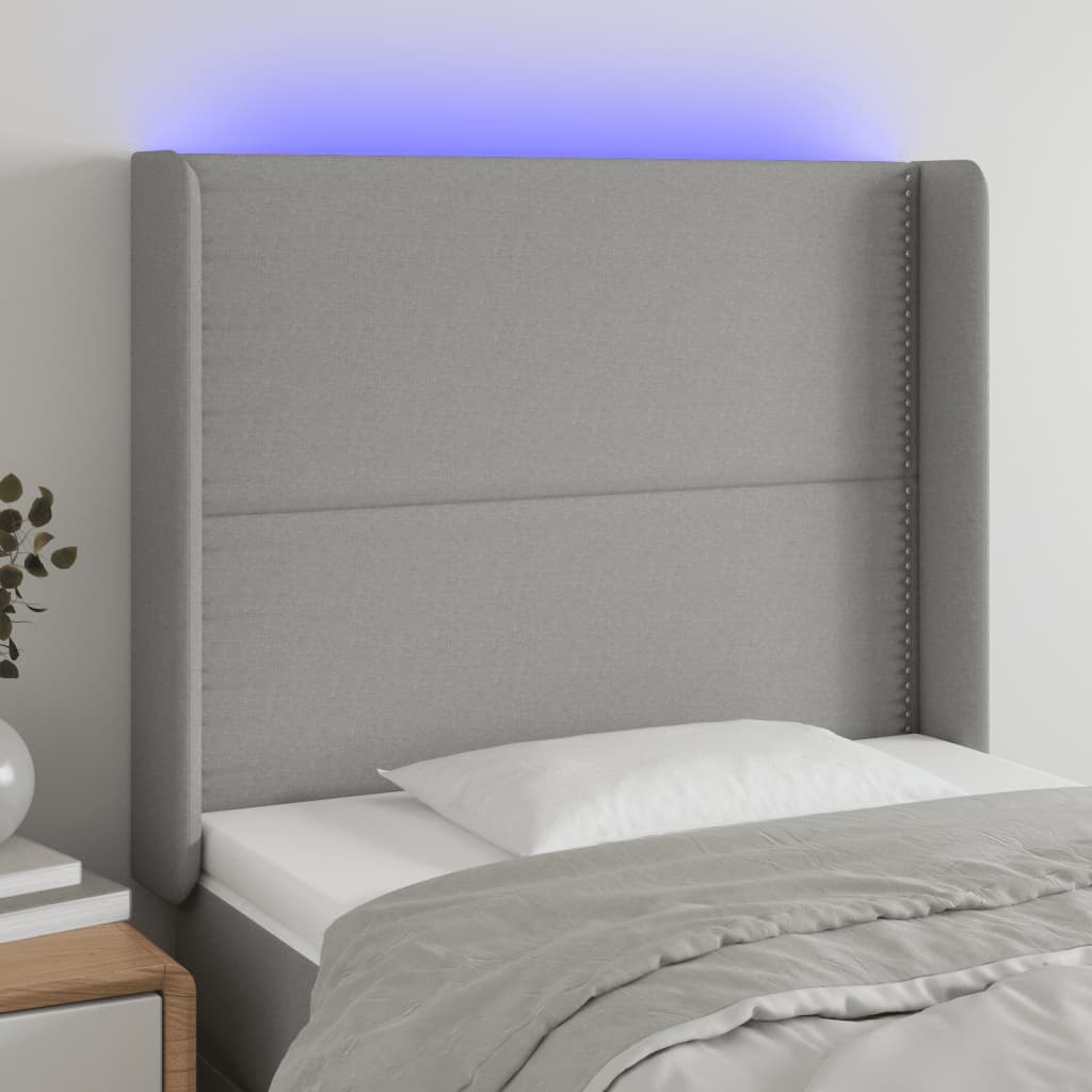 vidaXL LED горна табла за легло, светлосива, 93x16x118/128 см, плат