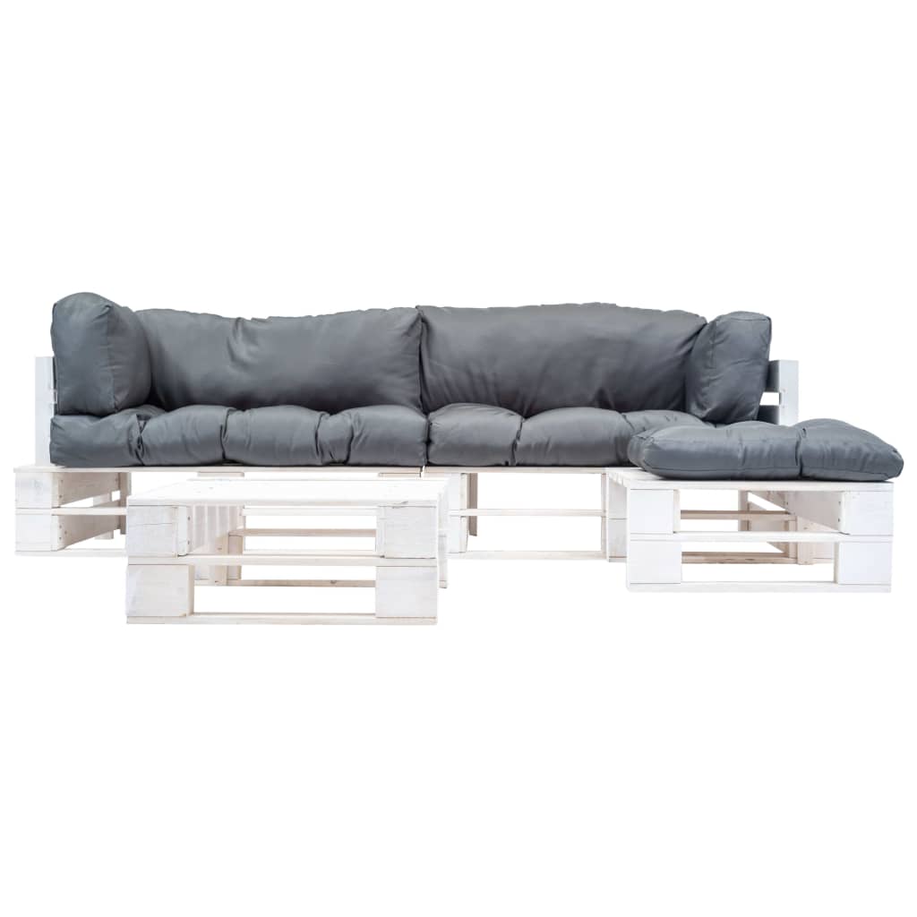 vidaXL Градински мебели от палети, 4 части, сиви възглавници, дърво
