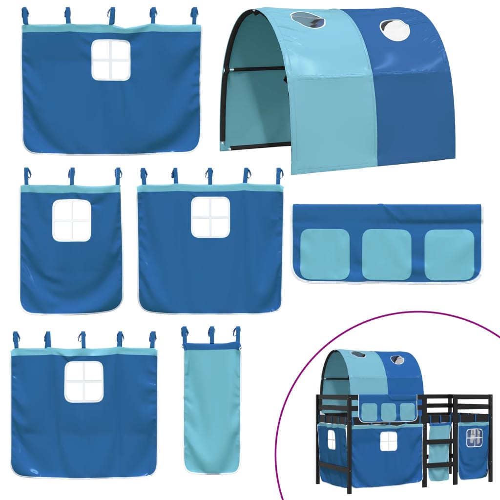 vidaXL Детско високо легло с тунел, синьо, 90x200 см, бор масив