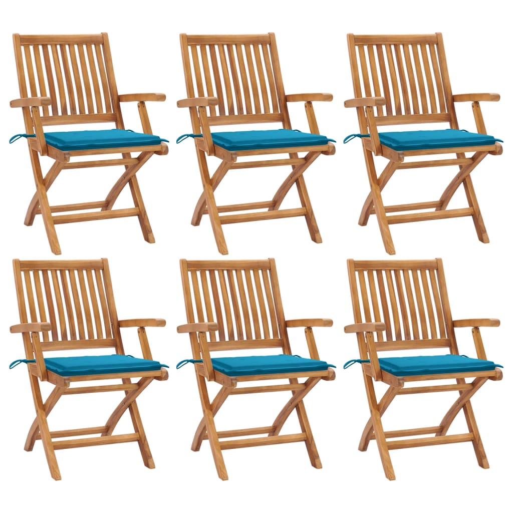 vidaXL Сгъваеми градински столове с възглавници, 6 бр, тик масив