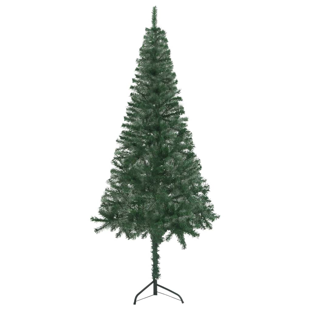 vidaXL Ъглова изкуствена коледна елха с LED и топки зелена 210 см PVC