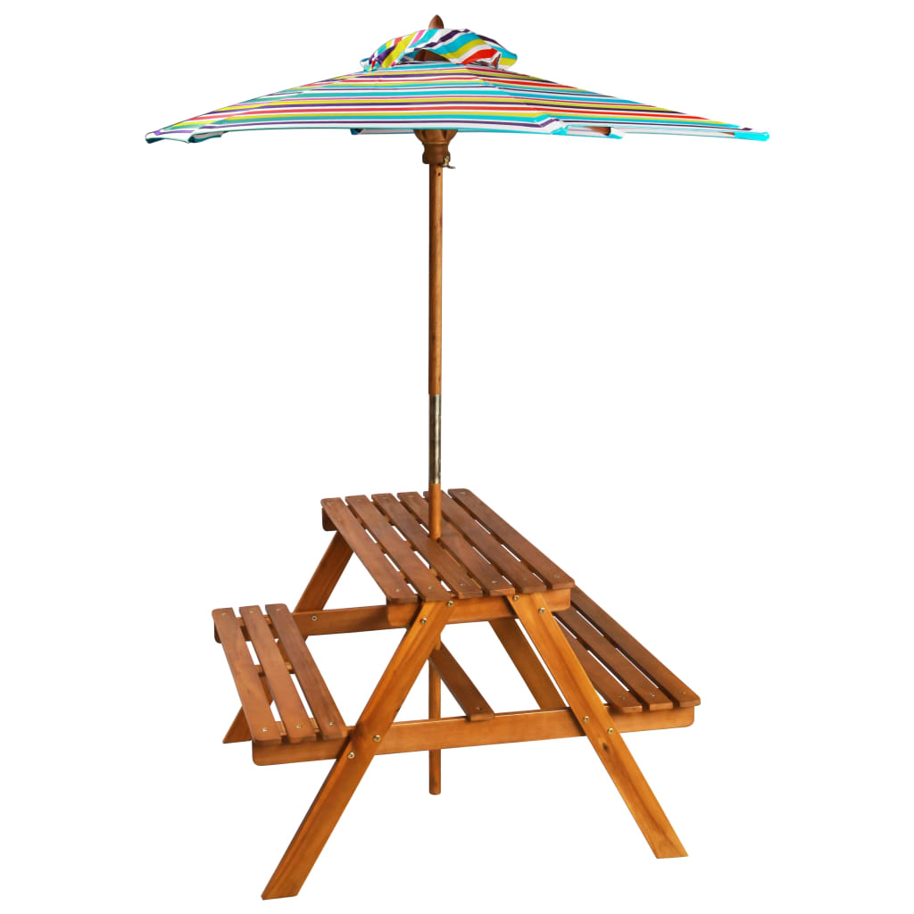 vidaXL Детска маса за пикник с чадър, 79x90x60 см, акация масив
