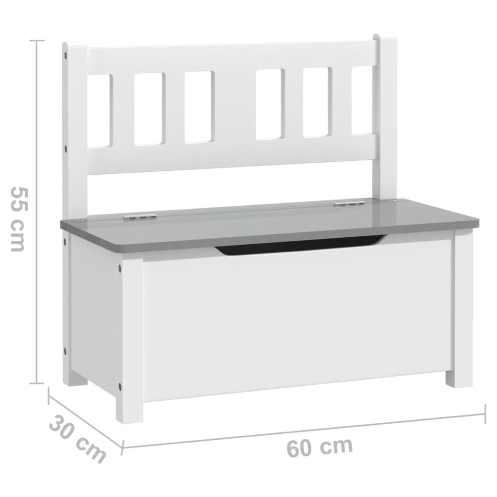 vidaXL Детска пейка за съхранение, бяло и сиво, 60x30x55 см, МДФ