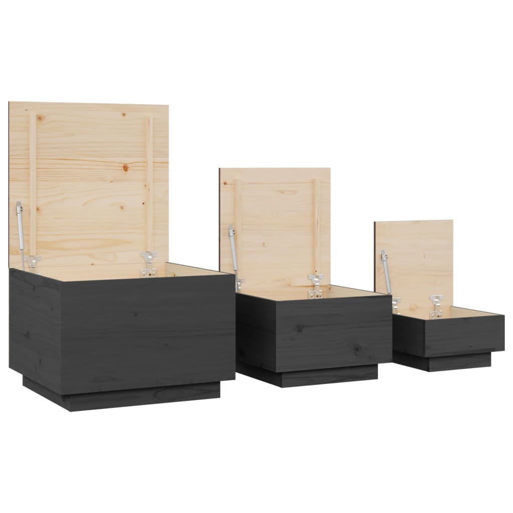 vidaXL Кутии за съхранение с капаци 3 бр сиви борова дървесина масив