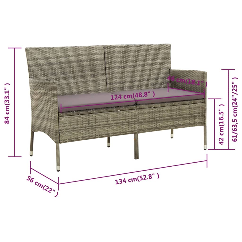 vidaXL 3-местен градински диван с възглавница, сив, полиратан