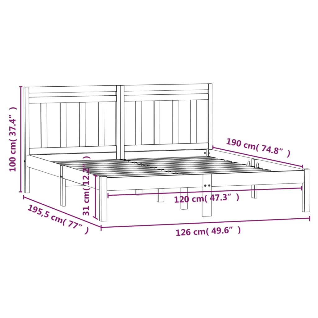 vidaXL Рамка за легло, сива, 120x190 см, Small Double, бор масив