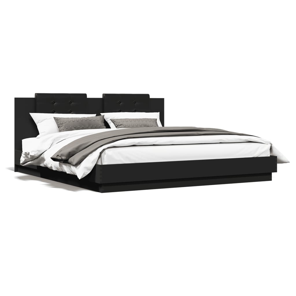 vidaXL Рамка за легло с табла и LED осветление, черна, 160x200 см