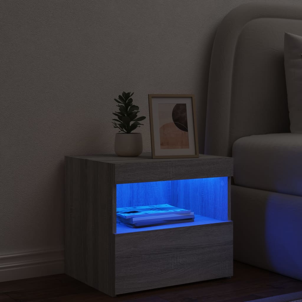 vidaXL Нощно шкафче с LED осветление, сив сонома, 50x40x45 см