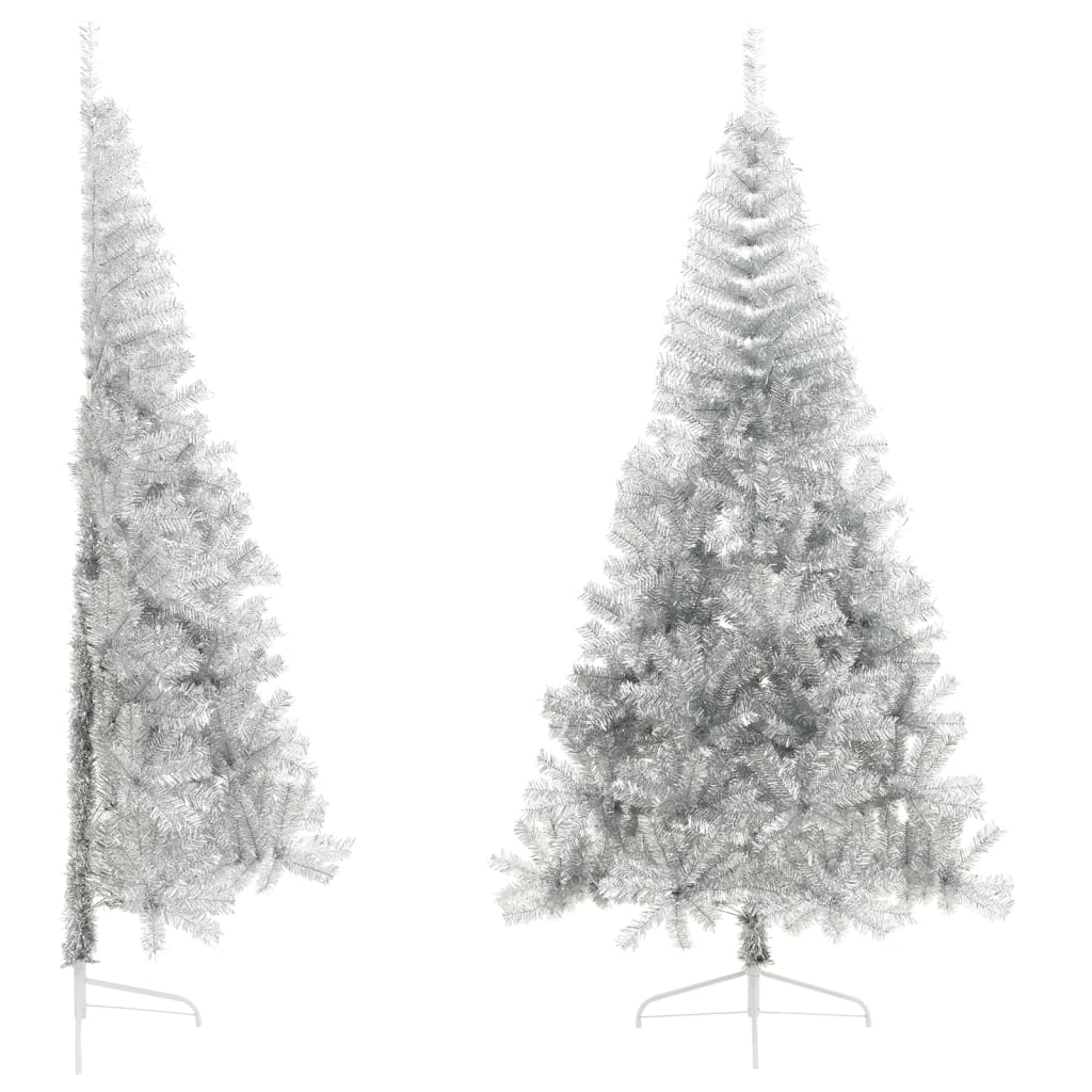 vidaXL Изкуствена половин коледна елха със стойка, сребро, 210 см, PET