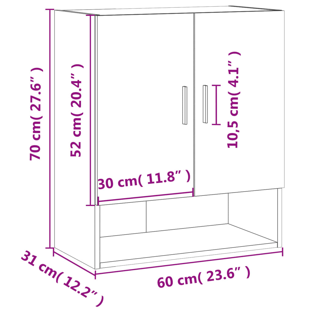 vidaXL Стенен шкаф, сив сонома, 60x31x70 см, инженерно дърво