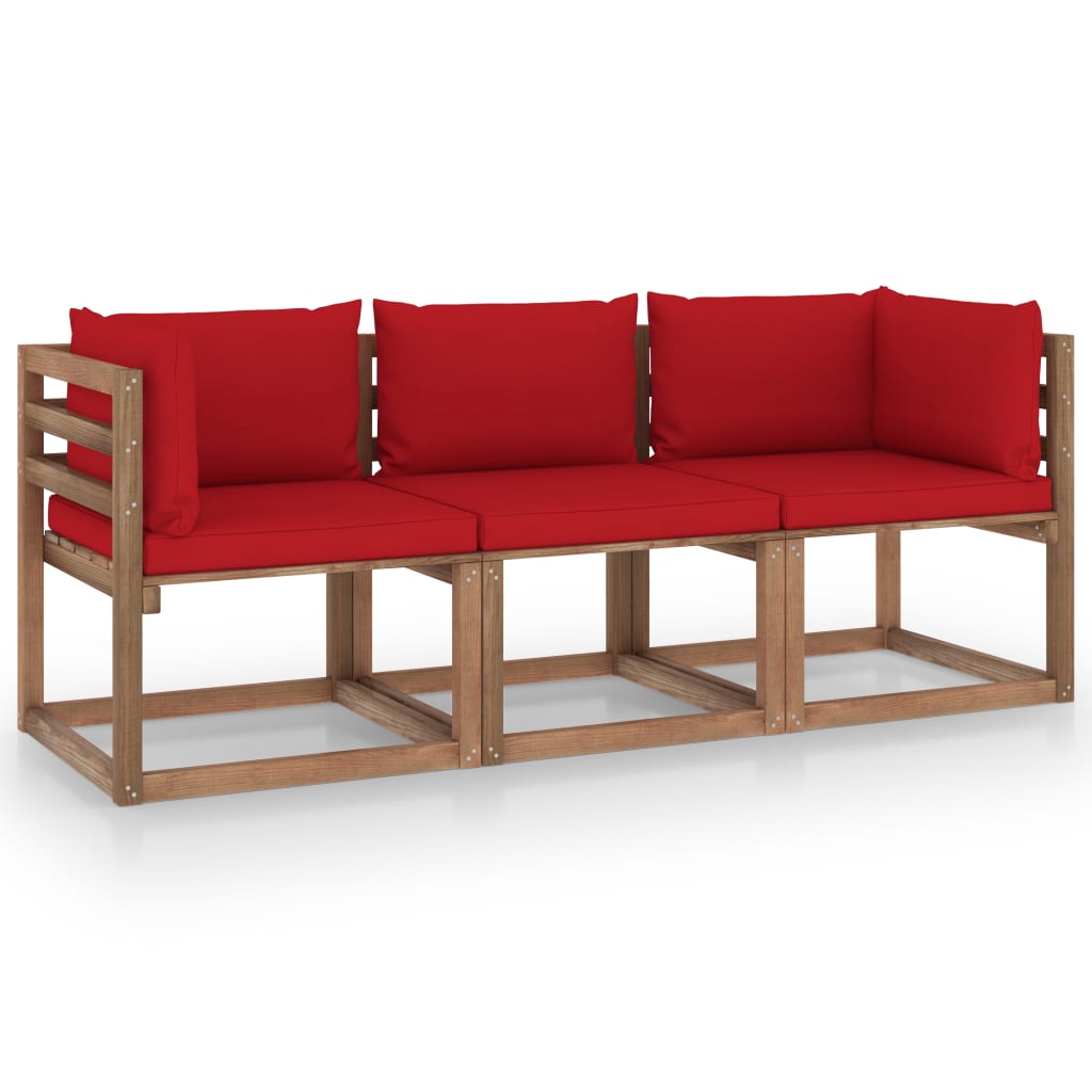 vidaXL Градински 3-местен диван от палети с червени възглавници бор