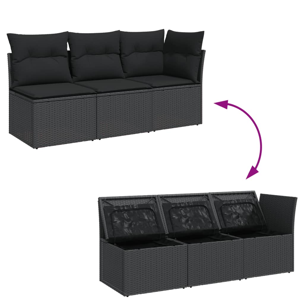 vidaXL Градински диван с възглавници, 3-местен, черен, полиратан