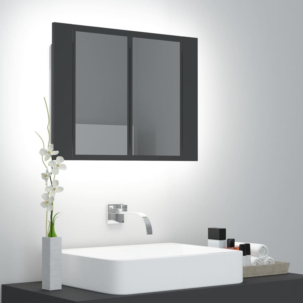 vidaXL Шкаф с LED огледало за баня, сиво, 60x12x45 см, акрил