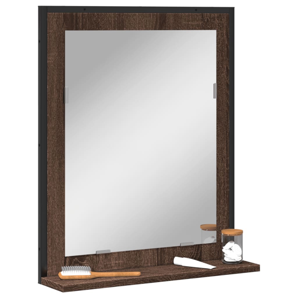 vidaXL Огледало за баня с рафт кафяв дъб 50x12x60 см инженерно дърво