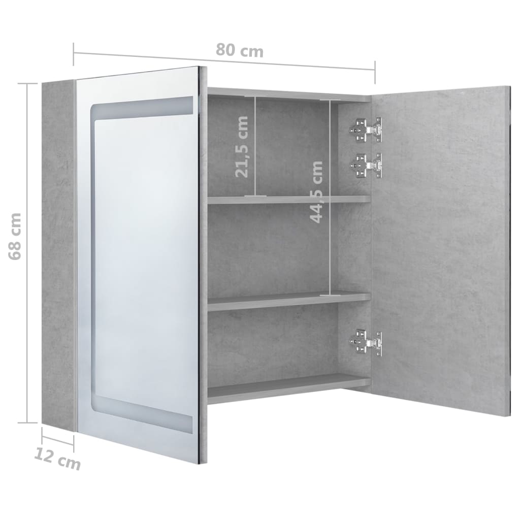 vidaXL LED шкаф с огледало за баня, бетонно сив, 80x12x68 см