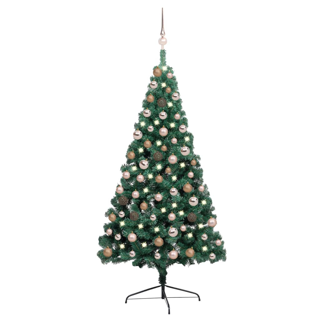 vidaXL Изкуствена светеща половин коледна елха с топки зелена 150 см