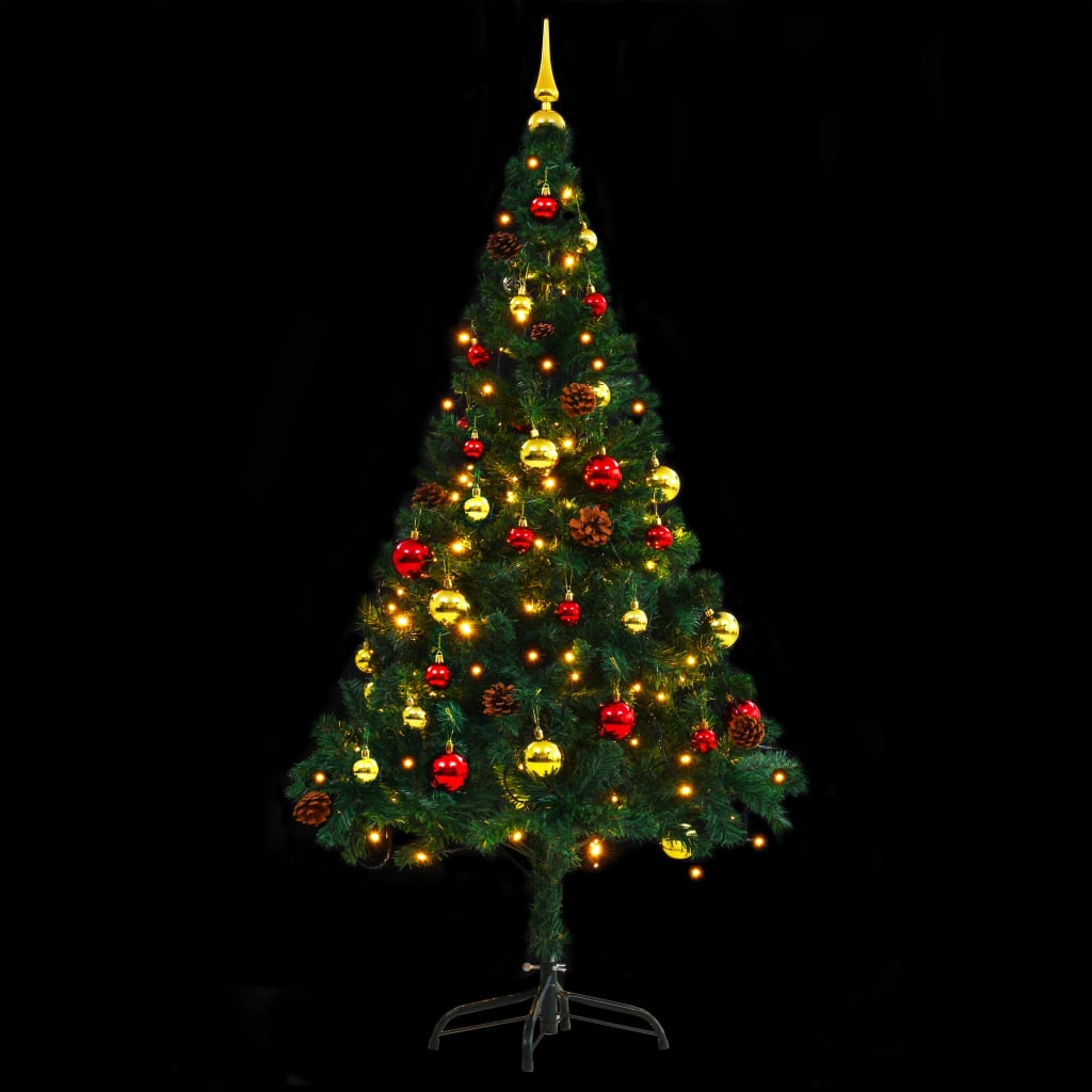 vidaXL Изкуствена готова осветена коледна елха с топки зелена 150 см