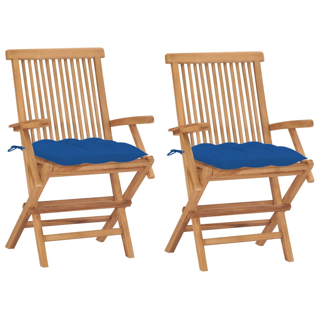 vidaXL Градински столове със сини възглавници 2 бр тиково дърво масив