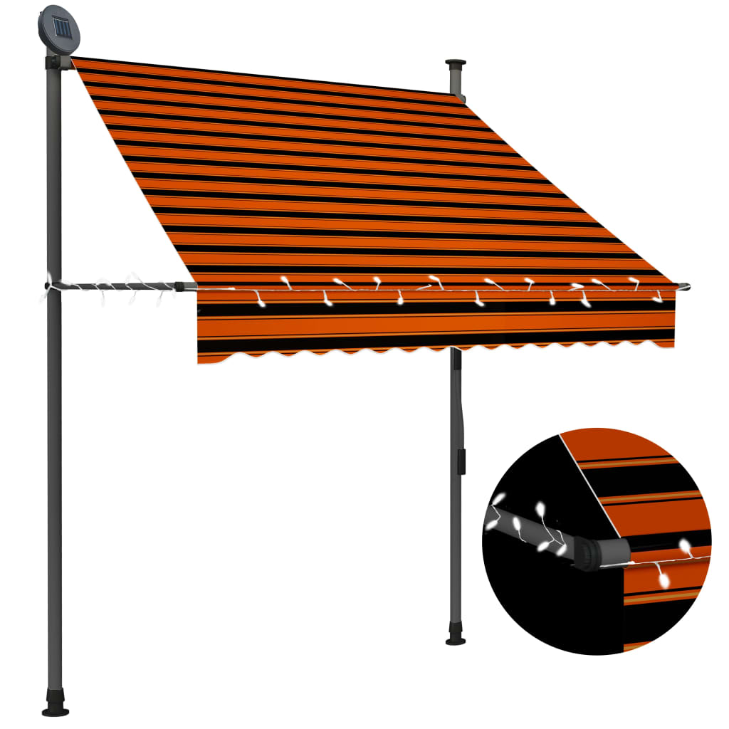 vidaXL Ръчно прибиращ се сенник с LED, 150 см, оранжево и кафяво