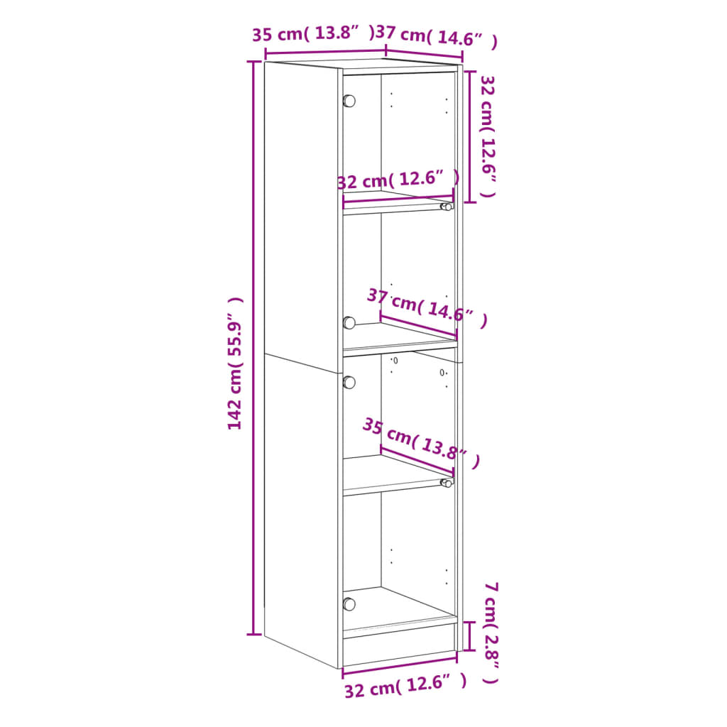 vidaXL Висок шкаф със стъклени врати, бетонно сив, 35x37x142 см
