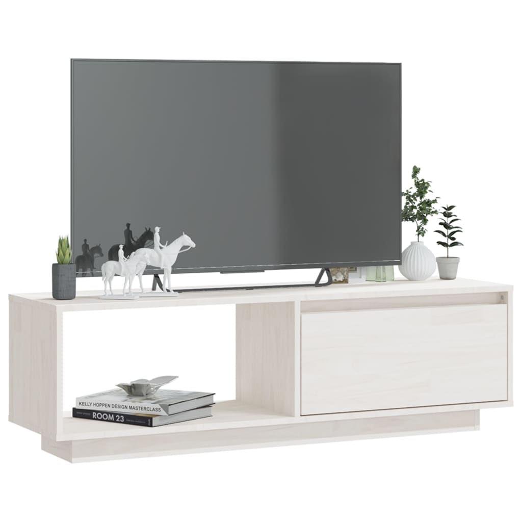 vidaXL ТВ шкаф, бял, 110x30x33,5 см, бор масив