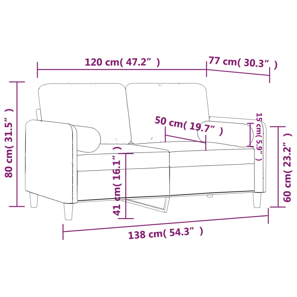 vidaXL 2-местен диван декоративни възглавници виненочервен 120 см