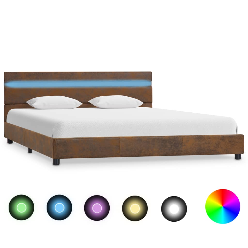 vidaXL Рамка за легло с LED, кафява, текстил, 140x200 см