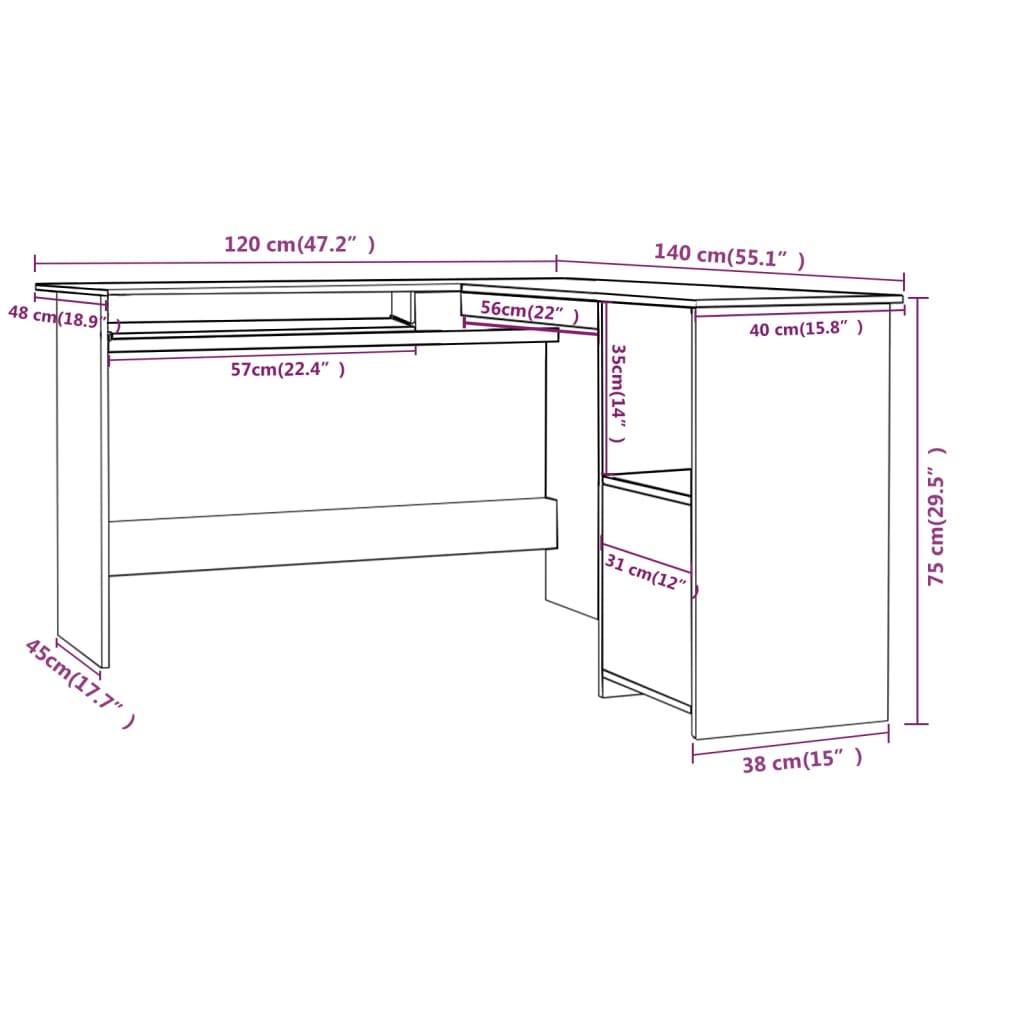 vidaXL Г-образно ъглово бюро, сиво, 120x140x75 см, ПДЧ