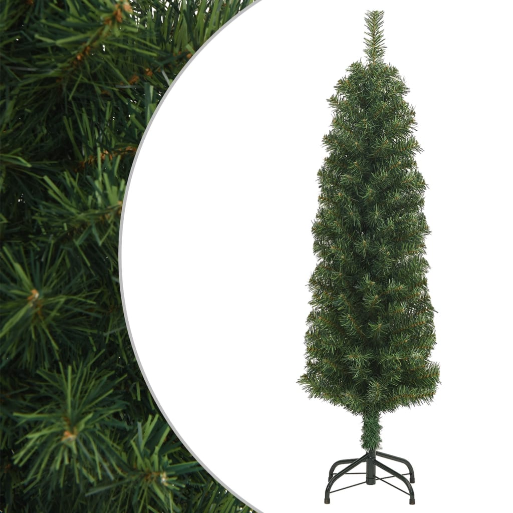 vidaXL Тънка изкуствена коледна елха със стойка, зелена, 150 см, PVC